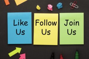 Image of three stickers with text "Like us", "Follow us", and "Join us"